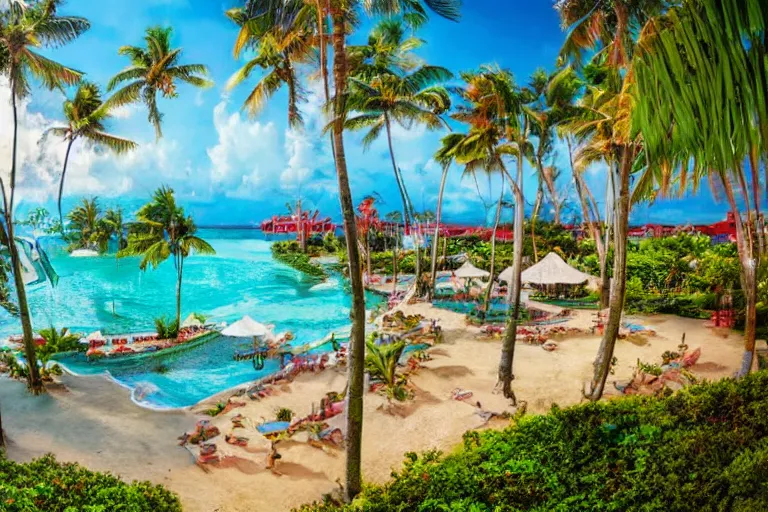 Image similar to an advertisement photo of a tropical resort, 8k hdr, very detailed, cinematic