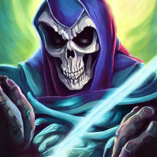 Image similar to portrait painting of skeletor, dnd beyond avatar portraits, beautiful, artistic, elegant, lens flare, magical, nature, realism, stylized, art by jeff easley and genndy tartakovsky