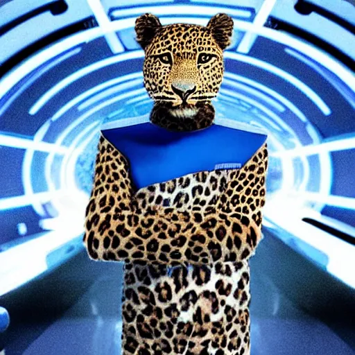 Image similar to A beautiful scene from a 2020 sci-fi film featuring a humanoid leopard wearing a white and blue uniform in a starship bridge. An anthropomorphic leopard in a futuristic uniform.