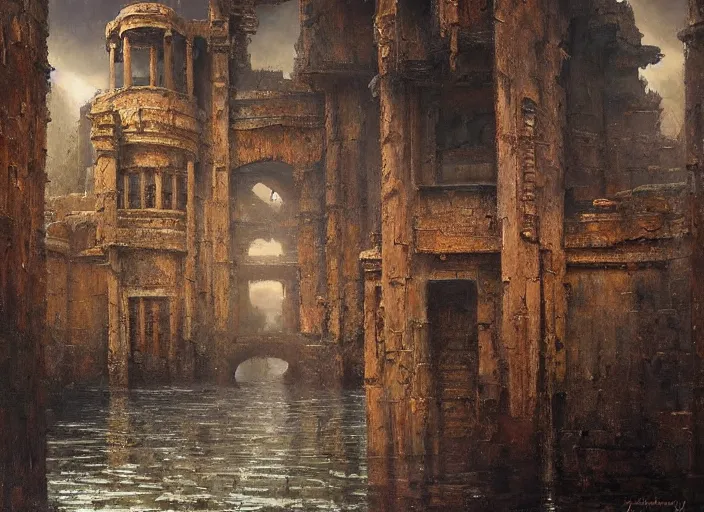 Prompt: oil painting by james gurney of the sole guardian of a forgotten city, some edges lost, high contrast, subtle tones, calm, serene landscape, beautiful detailed abandoned city