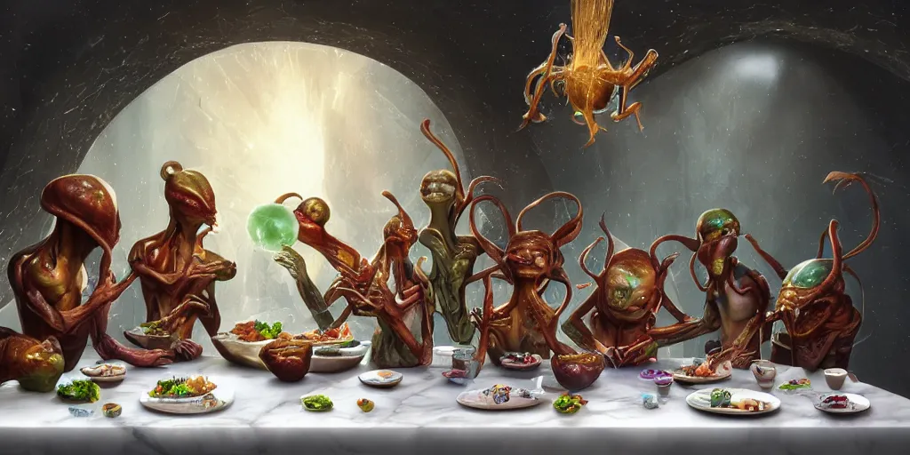 Image similar to !view from the kitchen, behind the chefs we see !13 diverse aliens enjoying a rich salad around a marble table, !positioned as last supper cinematic lighting, crystals and diamonds, fantasy, surreal, floating, highly detalied, 4k, artstation, by Wayne Barlowe