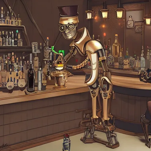 Image similar to a steampunk robot is at the bar and orders a drink from a (TY fluffy puppy) bartender, cgsociety.