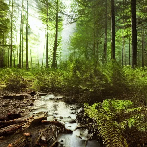 Image similar to dark pine tree forest clearing, with a small stream burbling along enclosed with fern, fireflies in the air, photorealistic, dimly lit, no breeze, mist over the ground, ground covered in pine needles and leafes