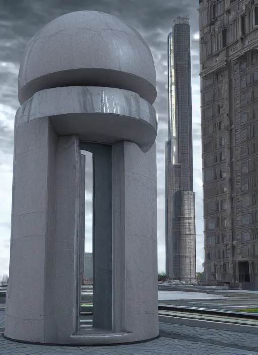 Image similar to highly detailed architecture render of a futuristic metallic monument stele standing in city, archdaily, made in unreal engine 4