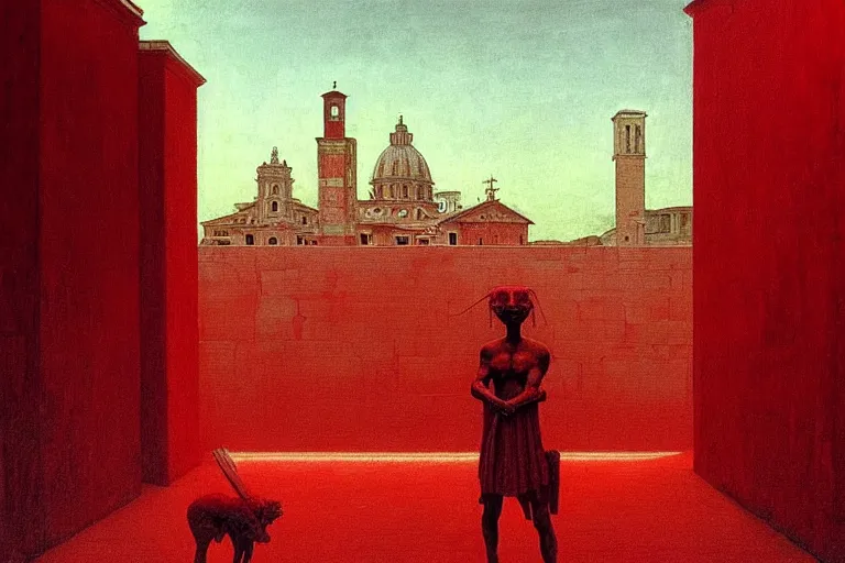 Image similar to only with red, caesar after war, the deal, a red tiger, in hoc signo vinces, rome in background, an ancient path, in the style of beksinski, part by hopper, part by rodcenko, part by hofbauer, intricate composition, red by caravaggio, insanely quality, highly detailed, masterpiece, red light, artstation