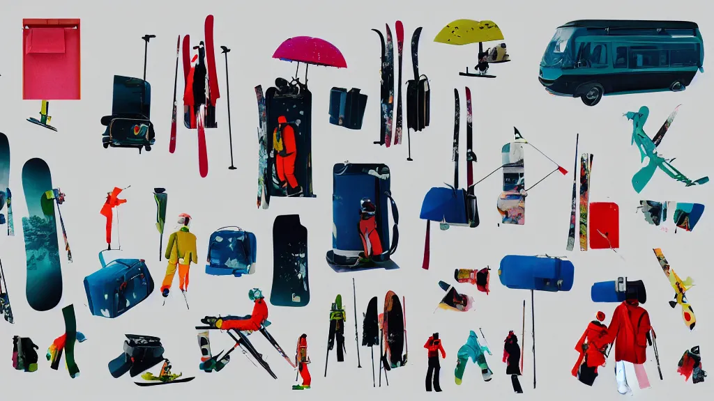 Image similar to an arrangement of skiing traveller props, japan, a collage painting, in the style of wes anderson, lola dupre, david hockney, isolated on negative white space background dark monochrome neon spraypaint accents volumetric octane render