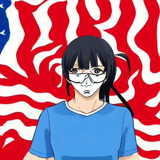 Prompt: a woman in a blue shirt with an american flag on her face, an anime drawing by ei - q, featured on pixiv, superflat, flat colors, anime