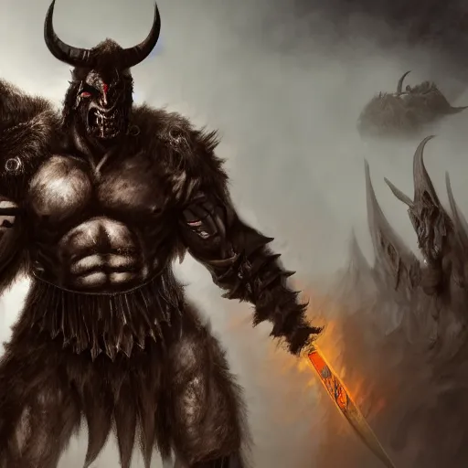 Image similar to A large half-demon barbarian wearing modern military gear, with horns on his head and shoulders, epic, realistic, 8k, detailed, fantasy, extremely detailed, masterpiece, art, dungeons and dragons, military, modern, soldier, gun, horns, demon horns, concept art, battlefield, barbarian