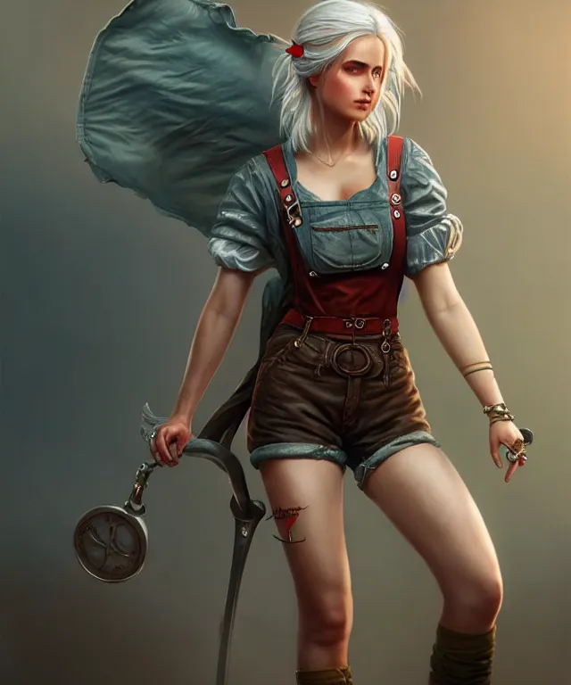 Image similar to full body pose, ciri, torn overalls, short shorts, combat boots, beautiful, highly detailed face!, extremely detailed!, digital painting, unreal engine 5, art by tom bagshaw