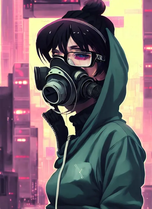 Image similar to cyberpunk anime girl in hoodie, cyberpunk gas mask, 3 / 4 shot, street night, grafity, beautiful face, grafity, arcane, action, tokyo street, detail, good face, pose model, concept art, in style of yoji shinkawa, pan ren wei, col price, atey ghailan, by greg rutkowski, aesthetic