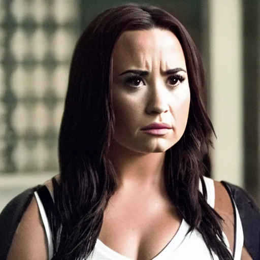 Image similar to close-up of Demi Lovato as Piper Halliwell in a Charmed movie directed by Christopher Nolan, movie still frame, promotional image, imax 35 mm footage