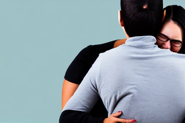 Image similar to a woman hugging a man who is standing straight with his arms at his sides