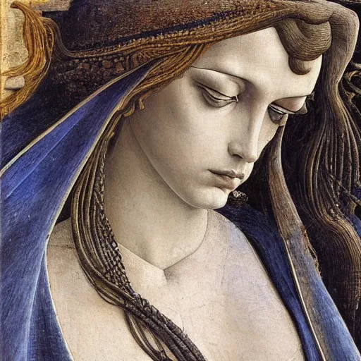 Image similar to intricate, lonely woman in street, detailed, by sandro botticelli, gaston bussiere, h. r. giger, masterpiece, sharp focus,