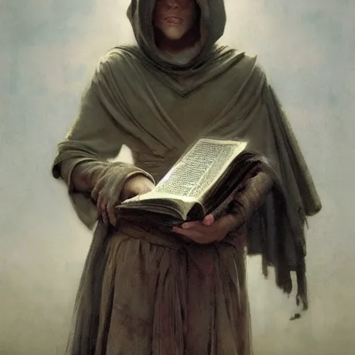 Image similar to half portait of jedi wearing a closed cowl and big old book! chained to the wrist, jeremy mann, jean - leon gerome, tiepolo, alphonse mucha, greg rutkowski, face in the shadows, ( ( ruins of ancient rome ) ), at dusk, mysterious atmosphere, sunrays, dof, high detailed, 8 k