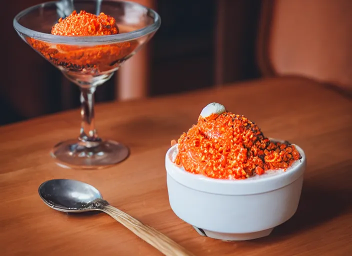 Image similar to dslr food photograph of salmon roe ice cream sundae, 8 5 mm f 1. 8