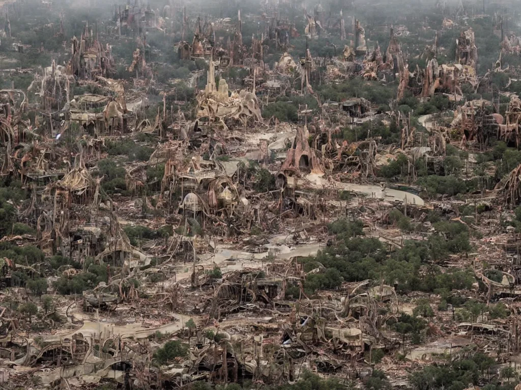 Prompt: Disney world in an apocalypse, award-winning photograph, devastation, destruction