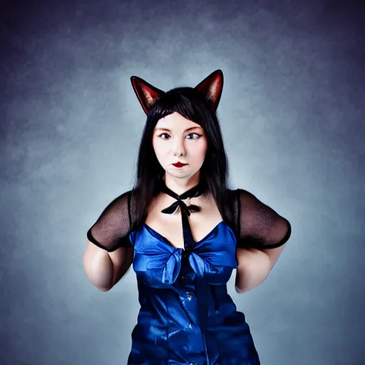 Prompt: portrait, catgirl cosplayer posing for a picture, studio photography, rembrandt lighting, dark background, blue fog