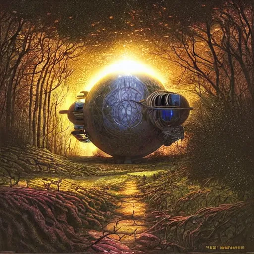 Image similar to overgrown spaceship by rob gonsalves, greg rutkowski, tim white, alex grey