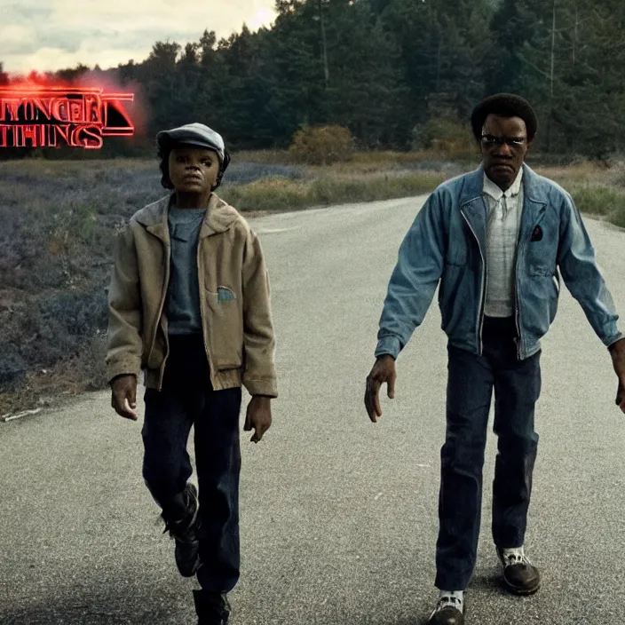 Image similar to film still of Samuel L Jackson in Stranger Things season finale, 4k