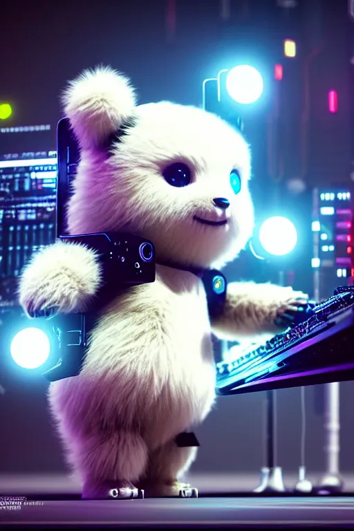 Image similar to high quality 3 d render very cute fluffy cyborg!! bear plays moog synthesizer, cyberpunk highly detailed, unreal engine cinematic smooth, in the style of blade runner & detective pikachu, hannah yata charlie immer, moody light, low angle, uhd 8 k, sharp focus