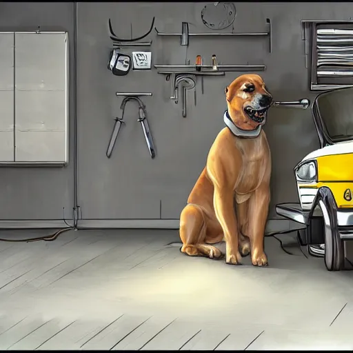 Prompt: photorealistic of a dog working as a mechanic, dynamic lighting, highly detailed