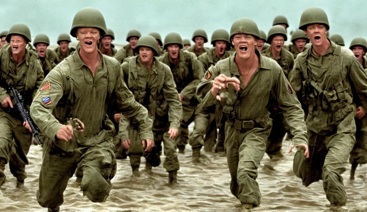 Prompt: Hollywood image of Matthew Lillard as shaggy from scooby doo, storming the beaches of Normandy, with soldiers by his side, saving private Ryan, 70mm film, HD, high detail, photorealistic, epic shot, Hollywood cinematic, Christopher Nolan