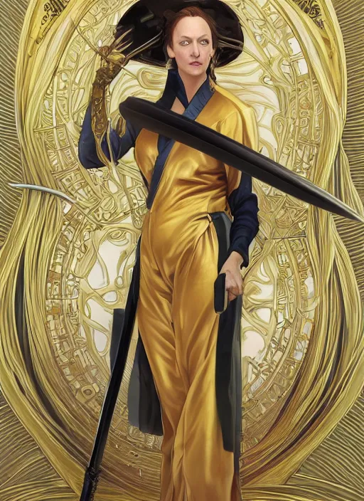 Prompt: uma thurman in kill bill, rococo and art nouveau fusion, iridescent diaphanous refractive and reflective katana, yelliw jumpsuit, highly detailed, deep focus, elegant, digital painting, smooth, sharp focus, illustration, ultra realistic, 8 k, art by artgerm and alphonse mucha