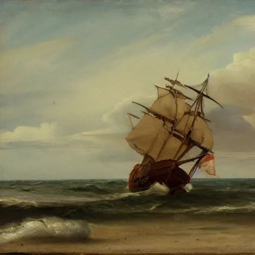 Prompt: a ship docking on the beach next to an island, in the style of andreas achenbach,