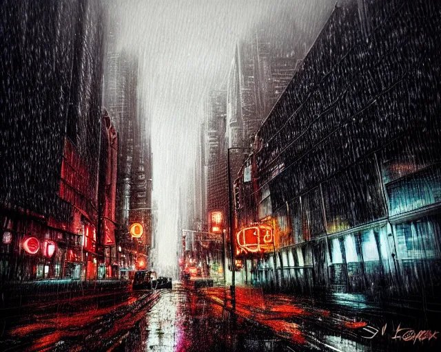 Prompt: rainy autumn day in the city in the style of cyberpunk noir art deco