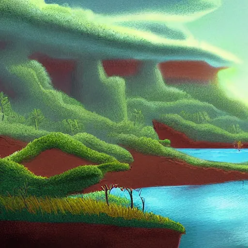 Prompt: digital painting of a lush natural scene on an alien planet by alayna danner. beautiful landscape. weird vegetation. cliffs and water.