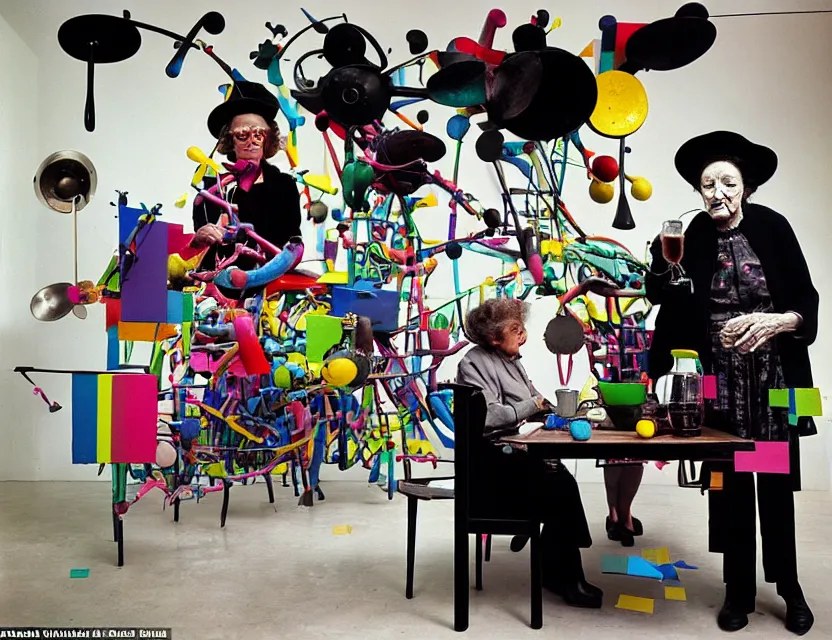 Image similar to a colorful installation artwork of a old and strange dusty professor in black suite and hat and a old woman making a study of drinking 1 0 cups of black coffee in 5 seconds in a kitchen that is melting, styled by jean tinguely and niki de saint phalle