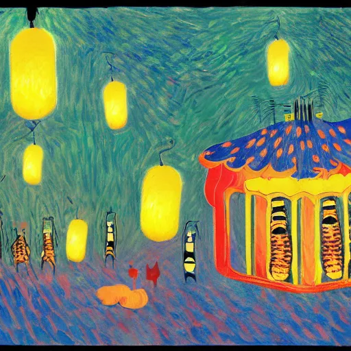 Image similar to detailed painting of cats and caterpillars at a carnival at night watching paper lanterns, in the style of eyvind earle and claude monet and vincent van gogh