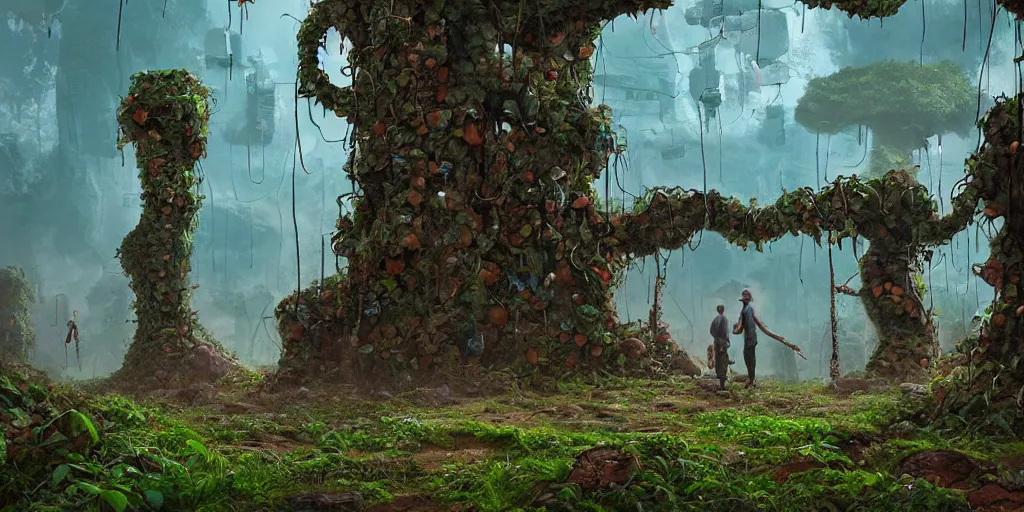 Image similar to Vines dripping from a portal made of stone. Detailed digital matte painting in the style of simon stalenhag