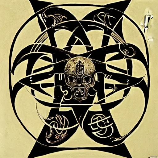 Image similar to masterpiece, symmetrical occult summoning sigil calligraphy by christophe szpajdel, h. r. giger, biomechanical, alchemy, monogram