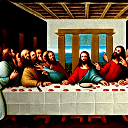 Image similar to in The Last Supper, Jesus is eating a large delicious hamburger that has a beef patty, lettuce, and tomato