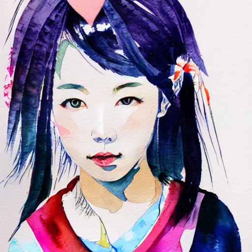 Prompt: watercolor portrait of Japanese girl, harajuku,