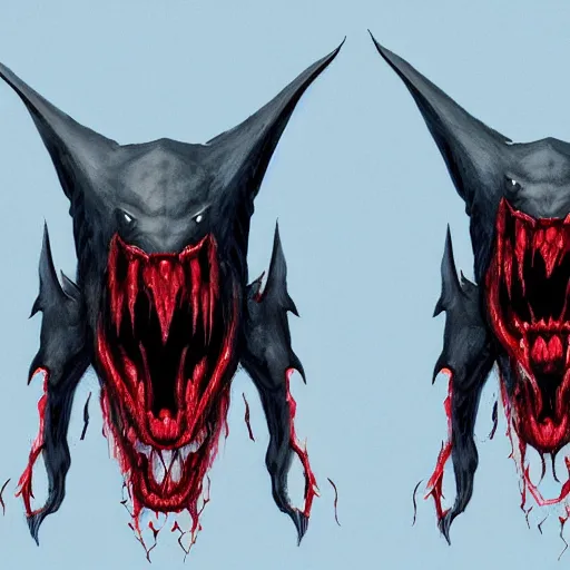 Image similar to front and back character view of scary, giant, mutant, mutated, dark blue humanoid bat, glowing red eyes, flying above a stormy ocean, sharp teeth, acid leaking from mouth, realistic, giant, bat ears, bat nose, bat claws, bat wings, furred, covered in soft fur, detailed, trending on artstation clean concept art and sheet that using unreal engine 5 render and hyper detailed 3D texture with cinematic software light 85mm f/1.4