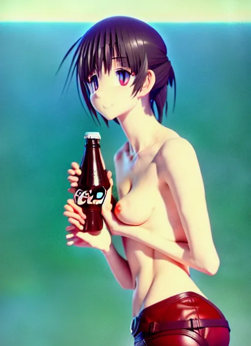 Prompt: full body picture of a extremely beautiful and attractive and cute and aesthetic girl drinking a coke, highly detailed face, very thirsty, dripping on the body, sharp focus, shiny day on the beach, specular reflection, occlusion shadow, trending on artstation, epic light novel cover art, art by ilya kuvshinov and sakimichan and jeremy lipking