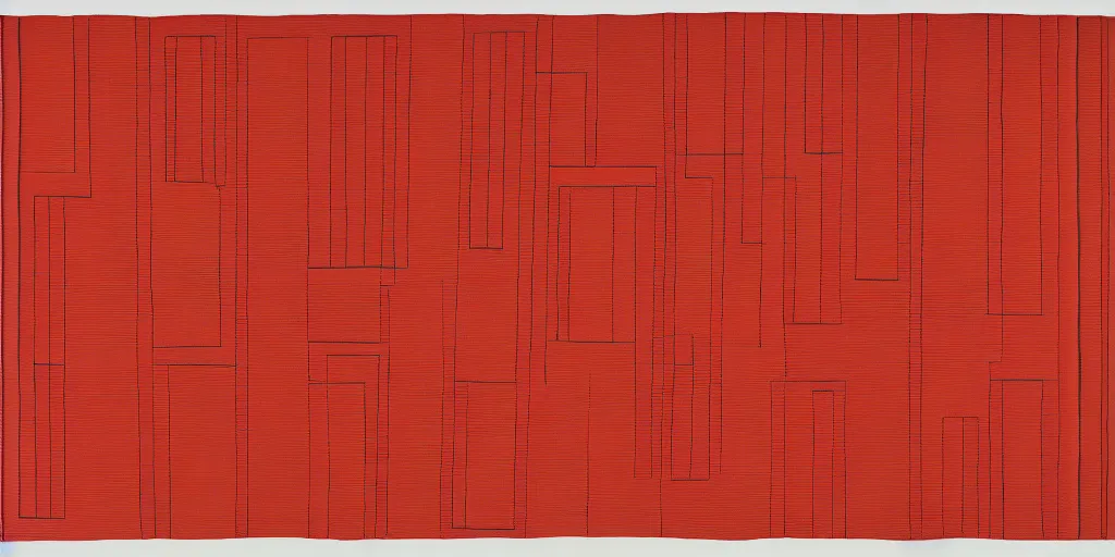 Prompt: modernist interior, seen from above, by René Laloux, line brush, minimal, red, plain background, embroidered on a quilt