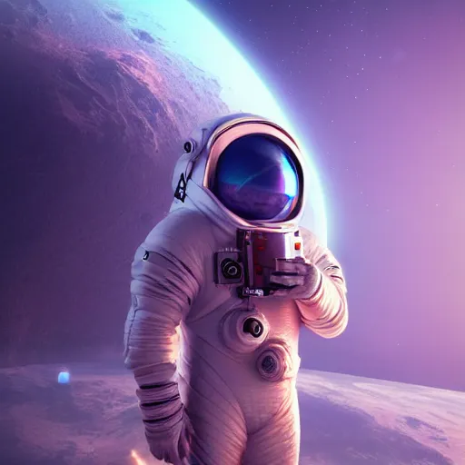 Image similar to futuristic astronaut, space, vaporwave, 8 k ultra realistic, highly detailed, unreal engine, octane render, artstyle of zeenchin and john park