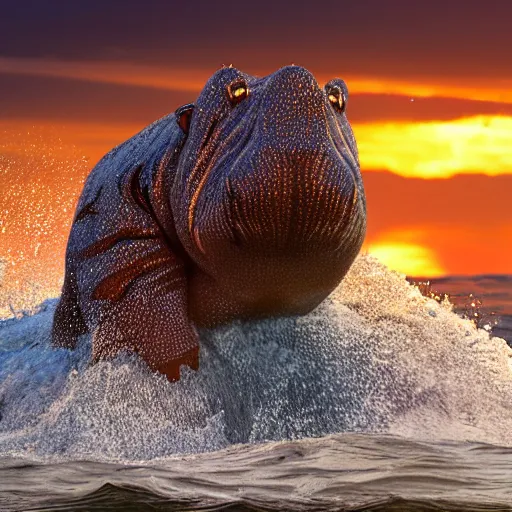 Image similar to a closeup photorealistic photograph of a cute smiling knitted tiger hippopotamus splashing in the surf at sunset. waves in background. professional capture. brightly lit scene. this 4 k hd image is trending on artstation, featured on behance, well - rendered, extra crisp, features intricate detail, epic composition and the style of unreal engine.