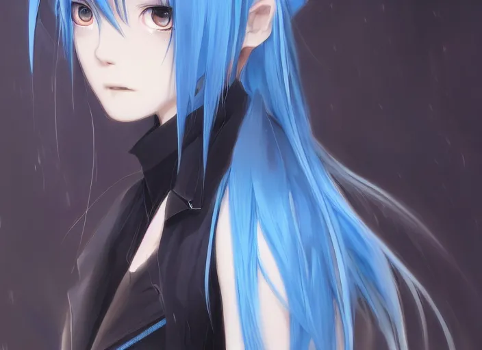 Image similar to rimuru with sky blue straight hair, bangs,!! amber eyes!! wearing a black jacket, high collar, concept art, award winning photography, digital painting, cinematic, by wlop, anime key visual, wlop, pixiv, 8 k, by ross tran yoshitaka amano, ilya kuvshinov,