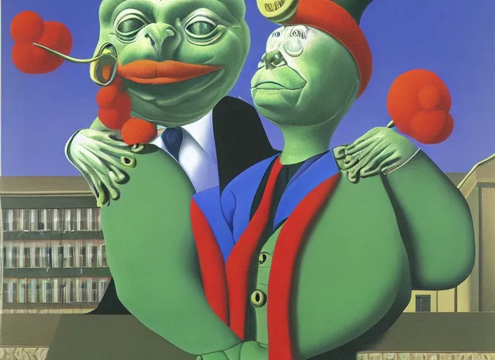 Prompt: The Frog King welcomes you Clown World, painting by René Magritte and Robert Crumb