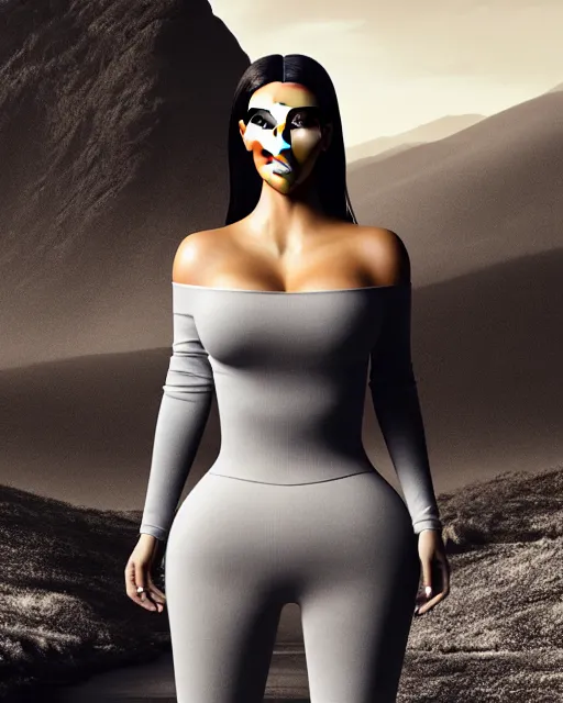 Image similar to kim kardashian, centered full body rear-shot, pov from rear, in skintight grey sportswear, real photo, photoshooting, studio light, Irish mountains background, intricate, epic lighting, cinematic composition, hyper realistic, 8k resolution, unreal engine 5