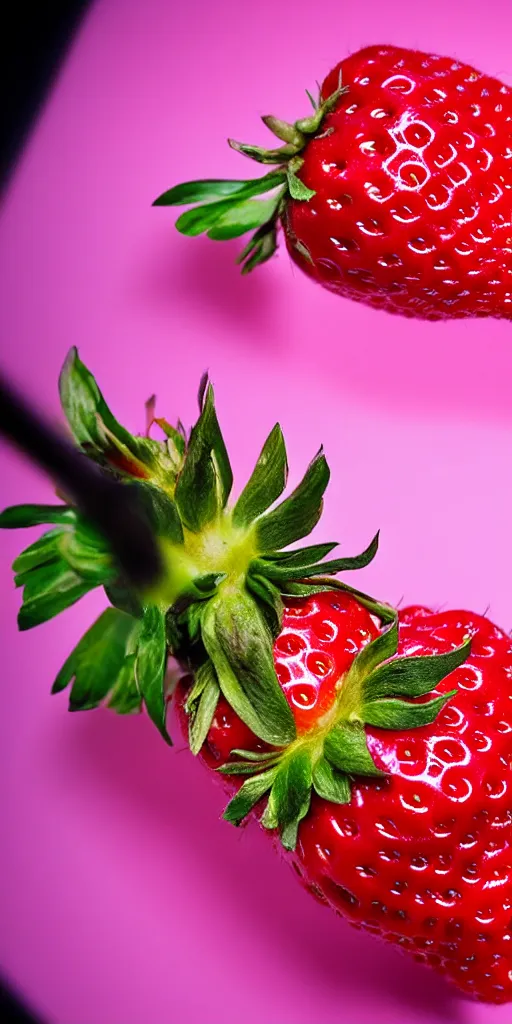 Image similar to a extreme macro photo of a strawberry, hyper realistic, hyper detailed, 35mm, very grainy film, pink volumetric studio lighting, bokeh, black background award winning shot, vogue magazine, cinematic, 8k, very closeup, elegant, tender, pastel W 1024