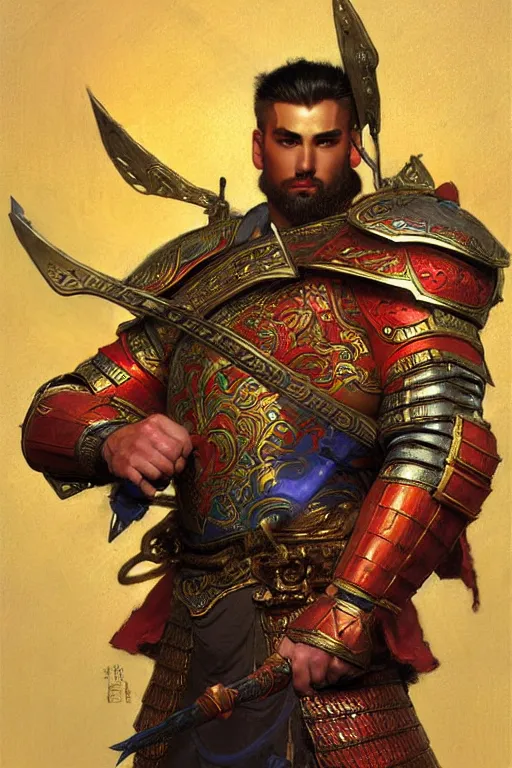 Image similar to attractive beefy male with armor, ming dynasty, character design, colorful, neon lights, painting by gaston bussiere, craig mullins, j. c. leyendecker, tom of finland