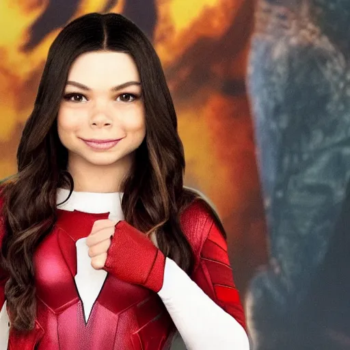 Image similar to Scarlet Witch from Infinity war, played by Miranda Cosgrove