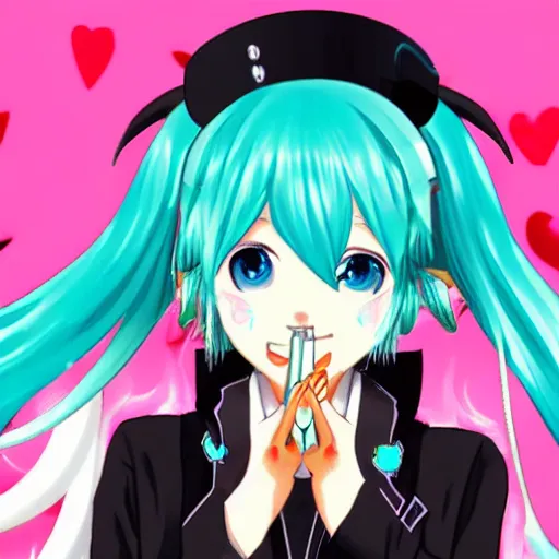 Image similar to hatsune miku getting high by smoking weed, bloodshot eyes, smoke everywhere