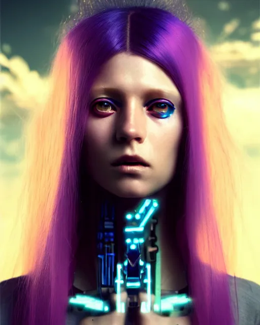 Image similar to a portrait of a beautiful young 28th century super cool post-human female with long neon like hair, barely human and largely biomechanical machine, hyper-realistic cyberpunk style, image by tom bagshaw , IKuvshinov Ily, photos by Annie Leibovitz, moody, models by 500px, dramatic cinematic lighting rendered by octane, 8k, detailed, intricate, clean and textures, trending on artstation, deviantart google images, pinterest