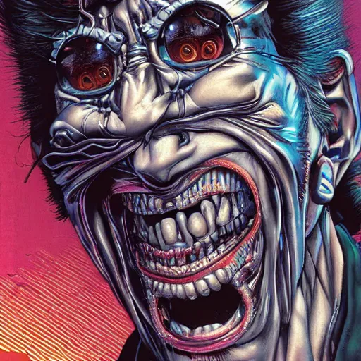 Image similar to portrait closeup of crazy terminator laughing, symmetrical, cinematic colors, by yoichi hatakenaka, masamune shirow, josan gonzales and dan mumford, ayami kojima, takato yamamoto, barclay shaw, karol bak, yukito kishiro